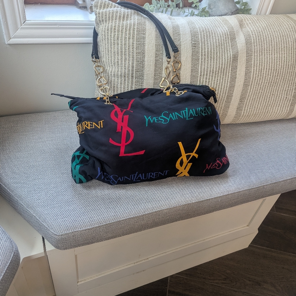 EUC Rare Vintage Saint Laurent YSL Bag, Multicolor Black Logo Reversible Tote